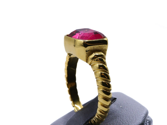 Waterproof Hot Pink CZ Ring – 18K Gold Plated Twist Band, Anti-Tarnish, Hypoallergenic, Bold Rectangle Jewelry