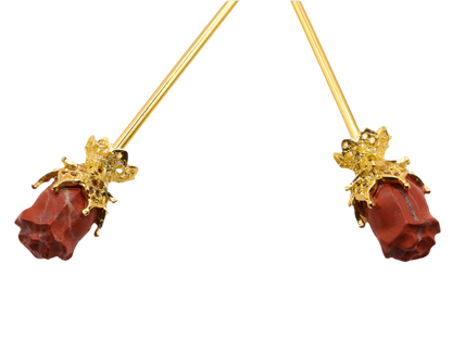 Single Red Jasper Rose Hair Stick – Elegant Golden Crystal Hairpin