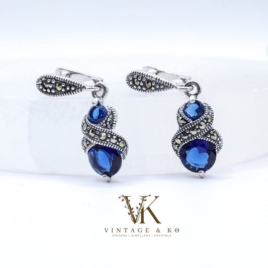 Sapphire Blue & Marcasite Drop Earrings | .925 Sterling Silver