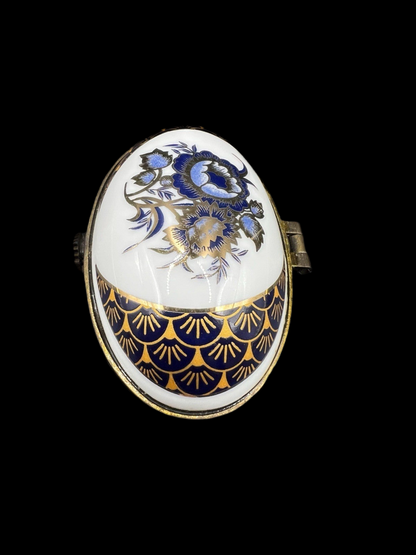 White Oval Porcelain Trinket Box with Blue Flowers and Gold Trim with Hinged Lid
