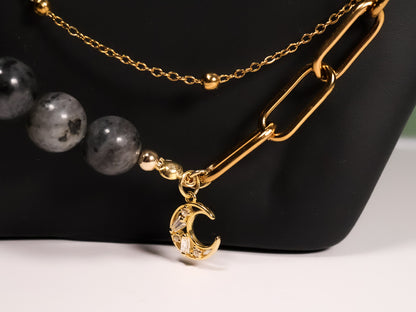 Whimsical Gold Labradorite Paperclip Beaded Crystal Necklace
