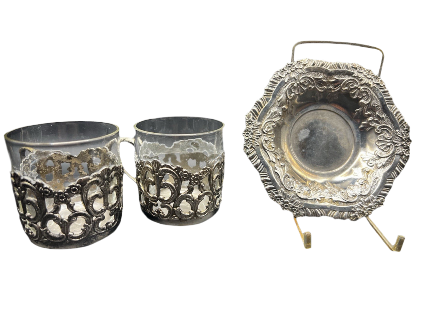 UV Reactive Vintage Polished Raimond Japan Silver Plated Espresso Cup & Saucer Set of 2