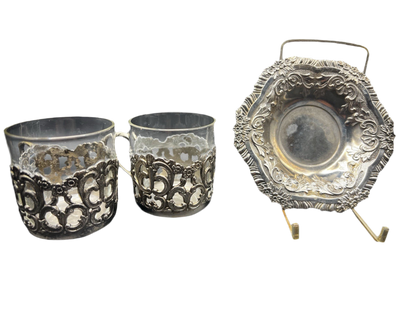 UV Reactive Vintage Polished Raimond Japan Silver Plated Espresso Cup & Saucer Set of 2