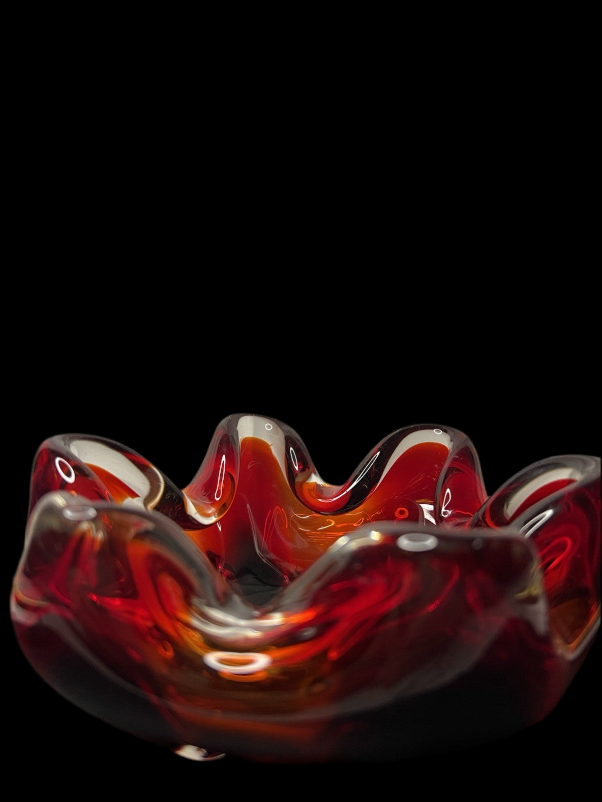 Heavy 843g Murano Art Glass Bowl – Red 6-Sided Design, Mid-Century Modern