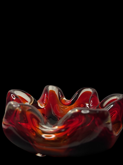 Heavy 843g Murano Art Glass Bowl – Red 6-Sided Design, Mid-Century Modern