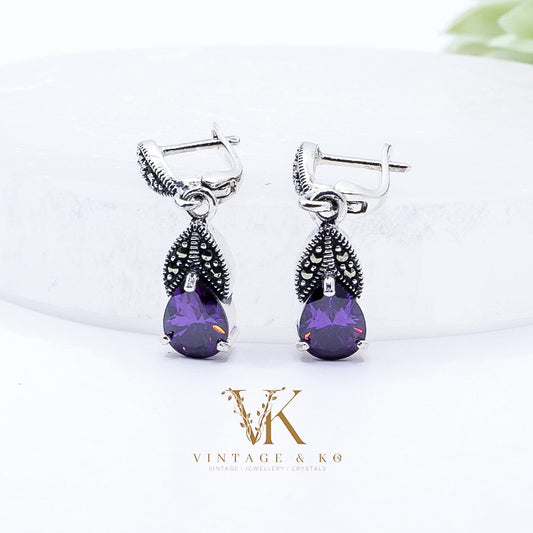 Amethyst CZ & Marcasite Drop Earrings | .925 Sterling Silver