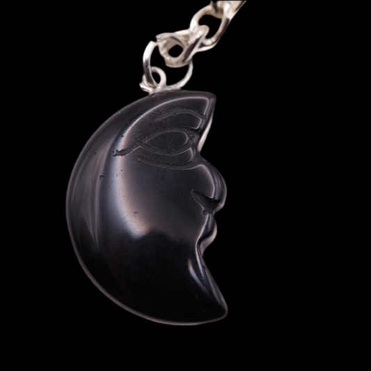 Black Obsidian Half Moon Face Witchy Keychain Carving, Genuine Crystal