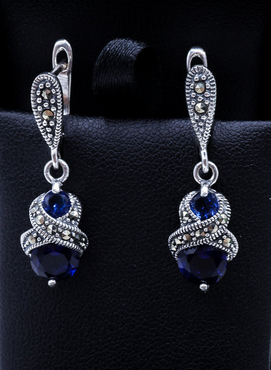 Sapphire Blue & Marcasite Drop Earrings | .925 Sterling Silver