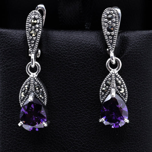 Amethyst CZ & Marcasite Drop Earrings | .925 Sterling Silver
