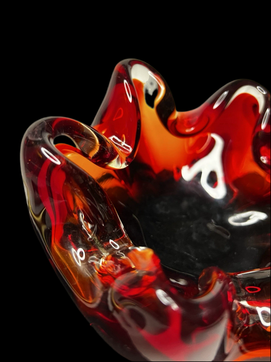 Heavy 843g Murano Art Glass Bowl – Red 6-Sided Design, Mid-Century Modern
