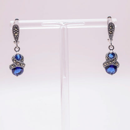 925 Sterling Silver Marcasite & Sapphire Blue Stud Earrings