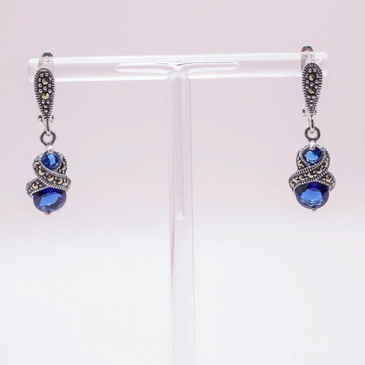925 Sterling Silver Marcasite & Sapphire Blue Stud Earrings