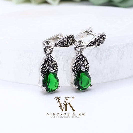 Emerald Green & Marcasite Drop Earrings | .925 Sterling Silver