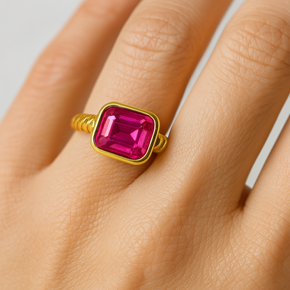 Waterproof Hot Pink CZ Ring – 18K Gold Plated Twist Band, Anti-Tarnish, Hypoallergenic, Bold Rectangle Jewelry