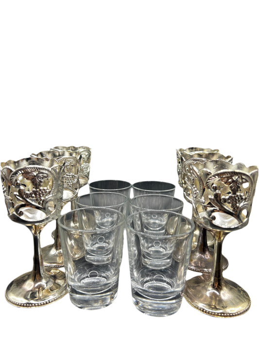 UV Reactive Set of 6 Vintage Silver Toned Cordial Glasses