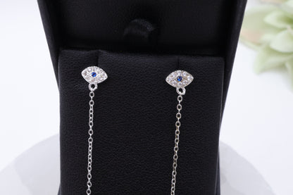 Evil Eye Double Stud Hoop Chain Earrings | .925 Sterling Silver