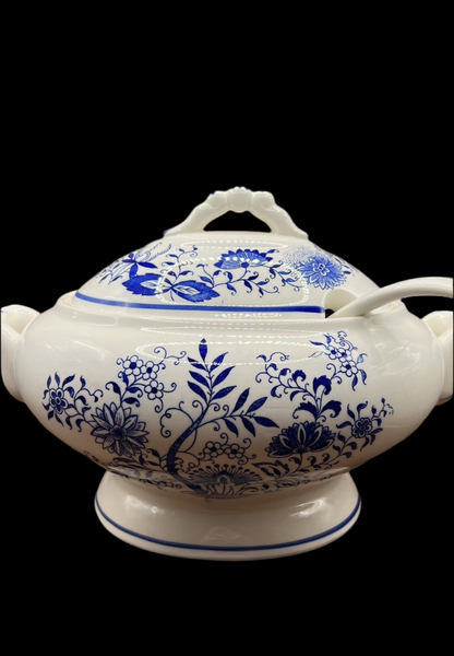 Vintage Floral Tureen Japanese Yanodento Glazed Blue & White with Large Ladle