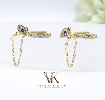 Evil Eye Double Stud Hoop Chain Earrings | .925 Sterling Silver
