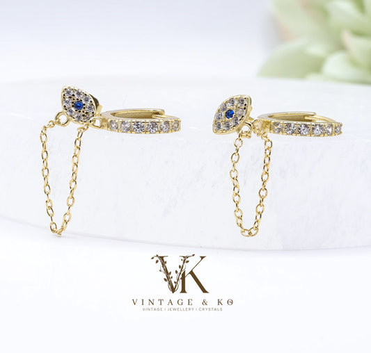 Evil Eye Double Stud Hoop Chain Earrings | .925 Sterling Silver