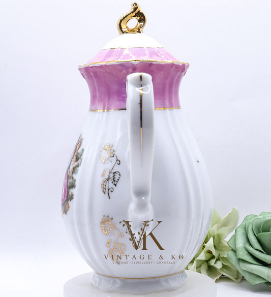 Vintage Pink & White Hand-Painted Porcelain Teapot with Gold Accents – Victorian