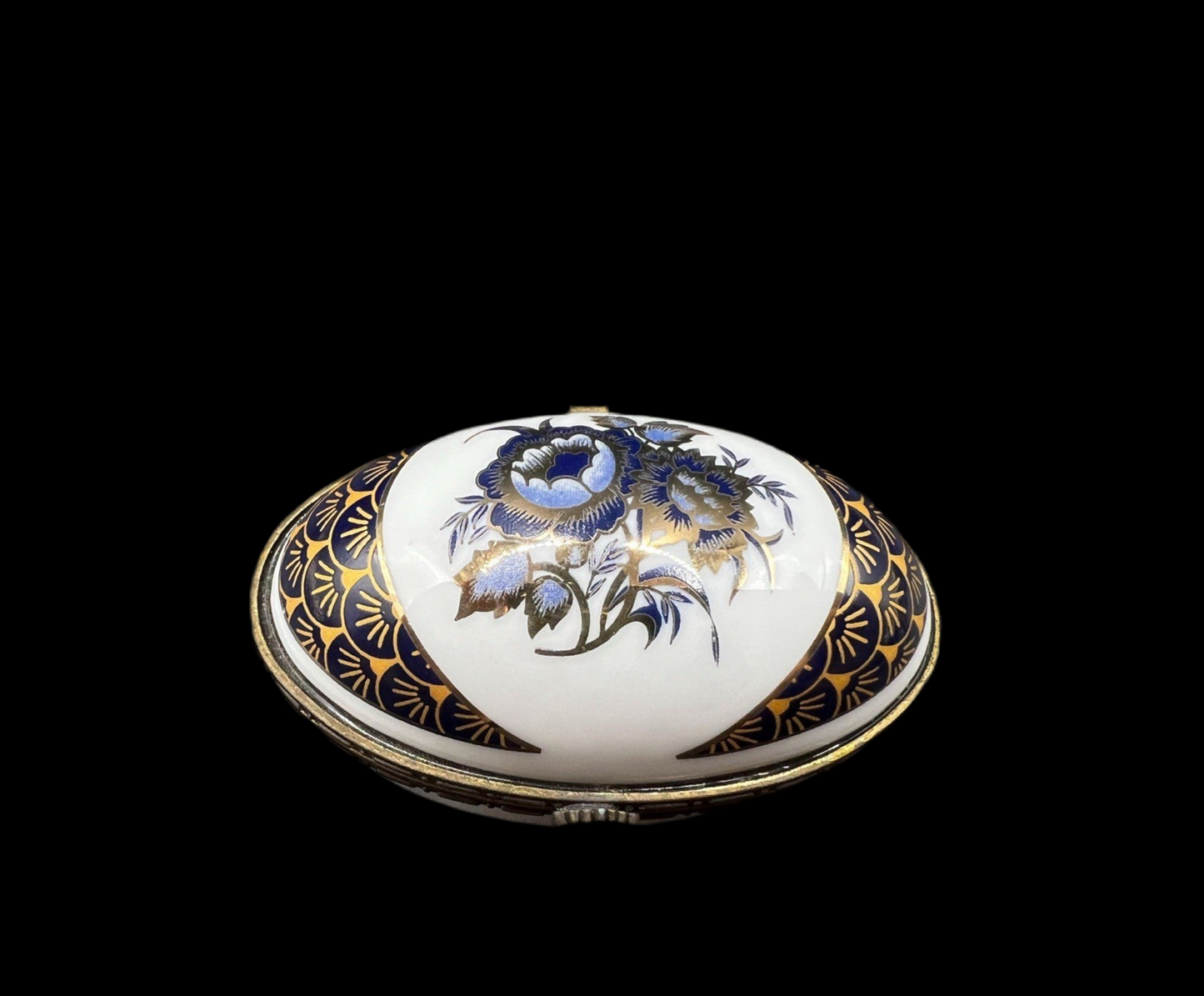 White Oval Porcelain Trinket Box with Blue Flowers and Gold Trim with Hinged Lid