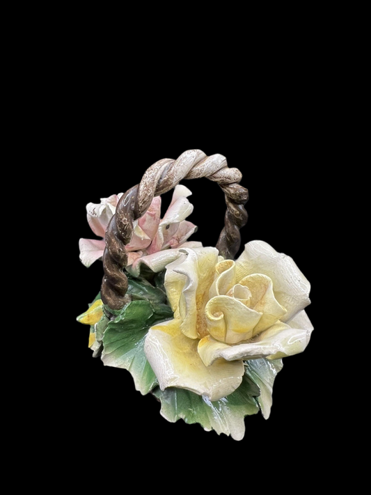 Capodimonte Style Italian Trinket Basket, Handpainted Ceramic with Floral Motif