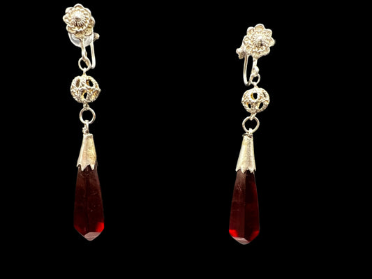 1950’s Vintage Art Deco Red Screw Back Drop Earrings