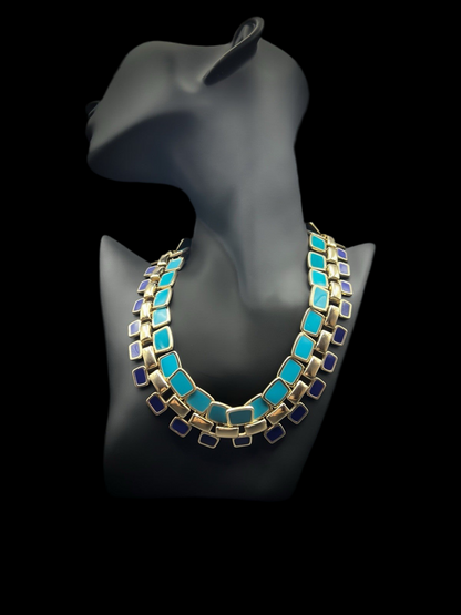 Blue & Gold Layered Double Wide Enamel Necklace