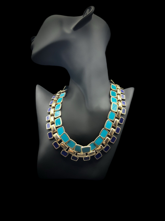 Blue & Gold Layered Double Wide Enamel Necklace