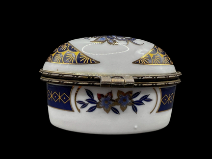 White Oval Porcelain Trinket Box with Blue Flowers and Gold Trim with Hinged Lid