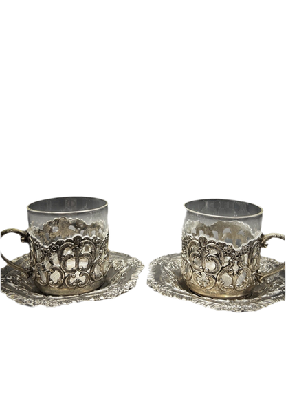 UV Reactive Vintage Polished Raimond Japan Silver Plated Espresso Cup & Saucer Set of 2