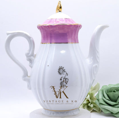 Vintage Pink & White Hand-Painted Porcelain Teapot with Gold Accents – Victorian