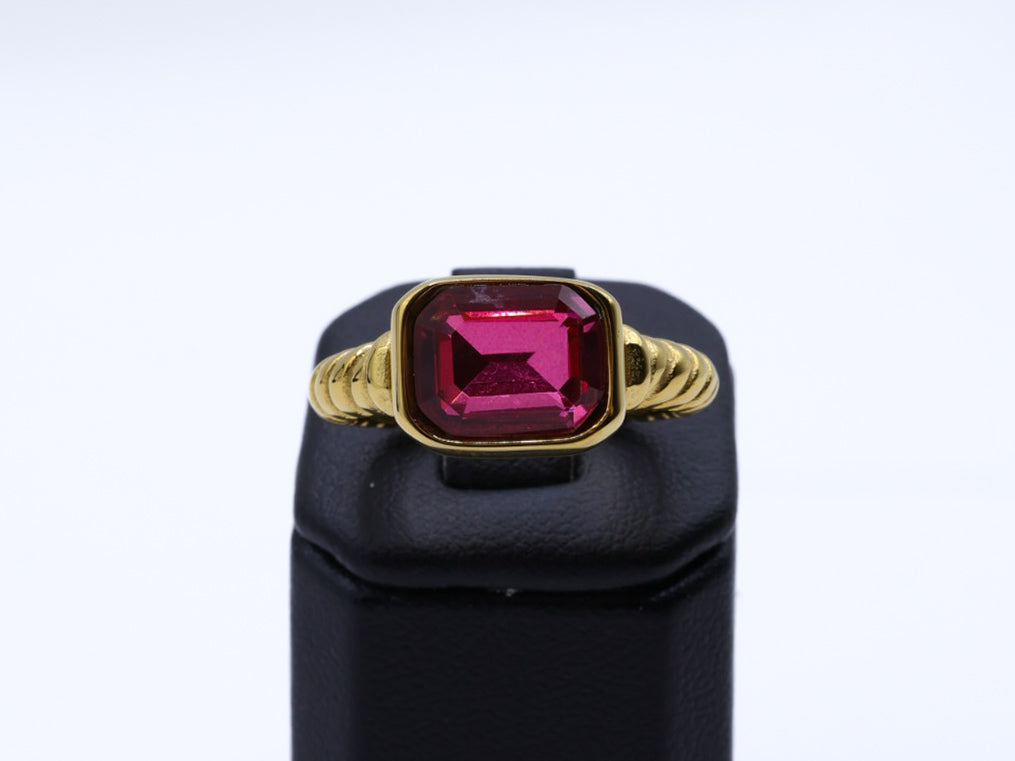 Waterproof Hot Pink CZ Ring – 18K Gold Plated Twist Band, Anti-Tarnish, Hypoallergenic, Bold Rectangle Jewelry
