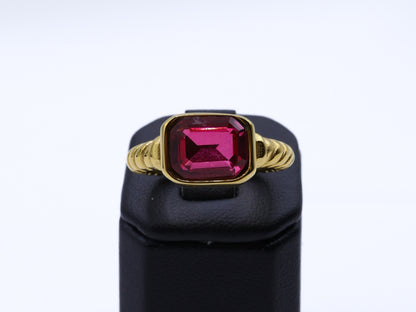 Waterproof Hot Pink CZ Ring – 18K Gold Plated Twist Band, Anti-Tarnish, Hypoallergenic, Bold Rectangle Jewelry