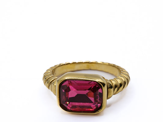 Waterproof Hot Pink CZ Ring – 18K Gold Plated Twist Band, Anti-Tarnish, Hypoallergenic, Bold Rectangle Jewelry