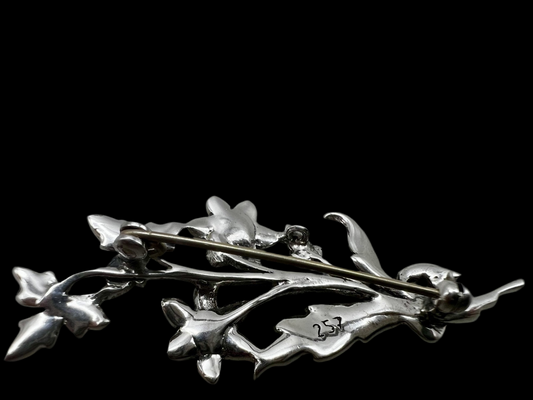 Vintage Silver 257 Stamped Marcasite Floral Brooch