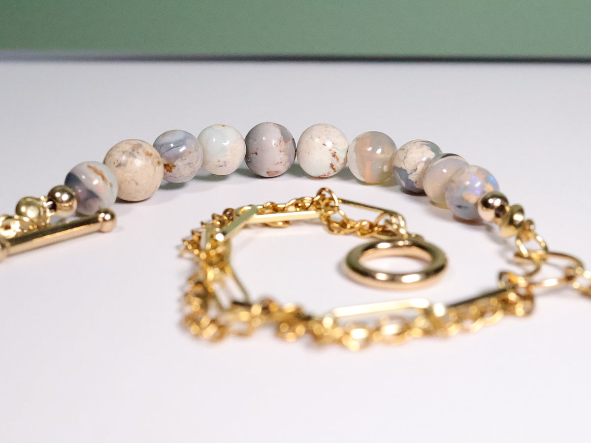 Whimsical Gold Australian Opal Paperclip Beaded Crystal Bracelet