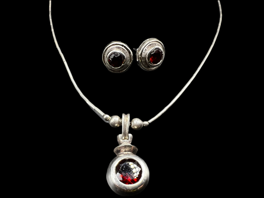 925 Sterling Silver Set with Deep Red Faceted Stones