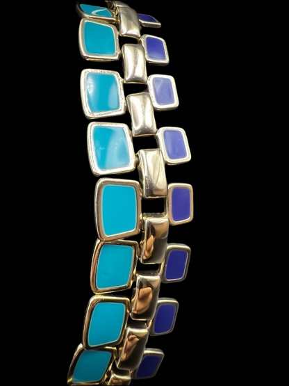Blue & Gold Layered Double Wide Enamel Necklace