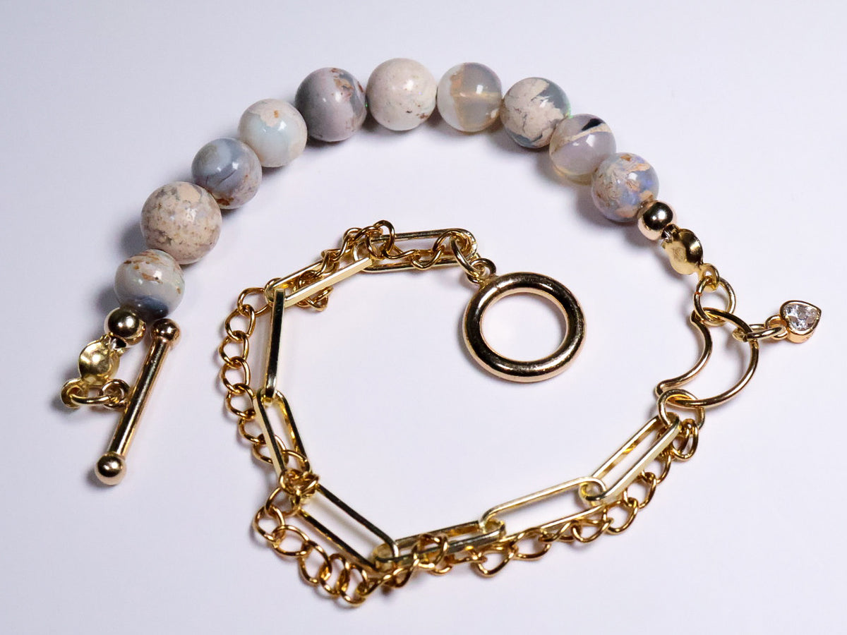 Whimsical Gold Australian Opal Paperclip Beaded Crystal Bracelet