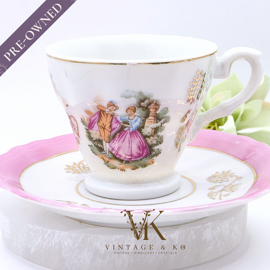 Set of 2 Japanese Victorian Pink & White Tea Cups and Saucers with Gold Trim