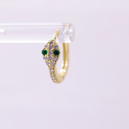 925 Gold Sterling Silver Green Stone Snake Small Hoops with CZ