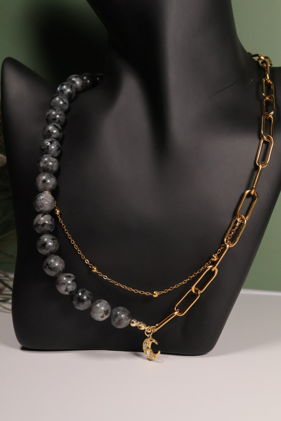 Whimsical Gold Labradorite Paperclip Beaded Crystal Necklace
