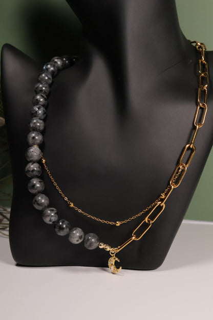 Whimsical Gold Labradorite Paperclip Beaded Crystal Necklace