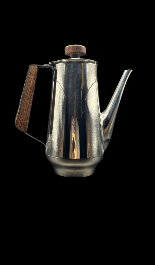 18/10 Stamped Stainless Steel Coffee Pot, Vintage Lucky Wood Florence