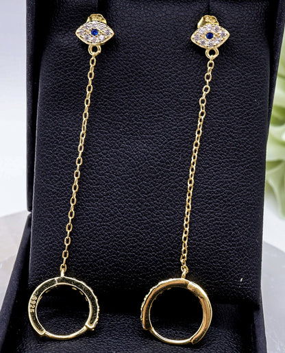 Evil Eye Double Stud Hoop Chain Earrings | .925 Sterling Silver