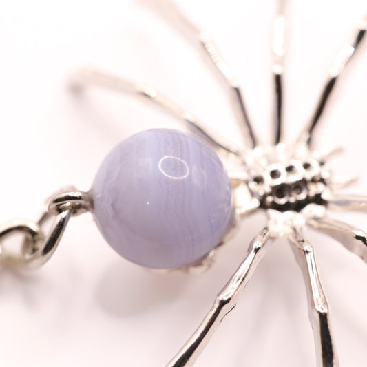Spooky Blue Lace Agate Spider Keychain, Genuine Crystal Sphere