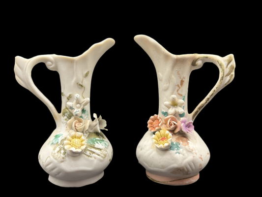 Pair of Floral Bud Vases with Gold Trim And Handles, Mini Farmhouse Home Decor