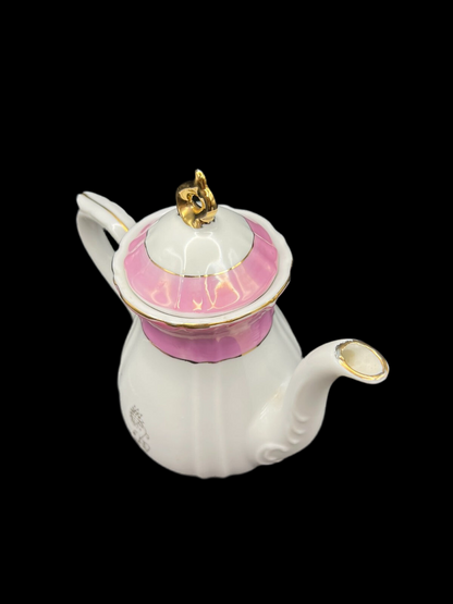 Vintage Pink & White Hand-Painted Porcelain Teapot with Gold Accents – Victorian