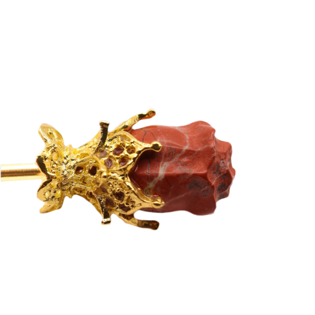 Single Red Jasper Rose Hair Stick – Elegant Golden Crystal Hairpin